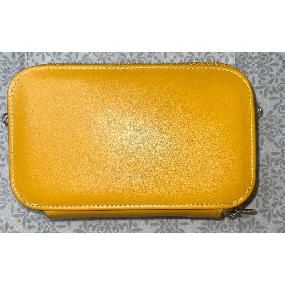 Yellow Faux Leather Double-Zipper Wallet With Pink Interior & Wrist Strap